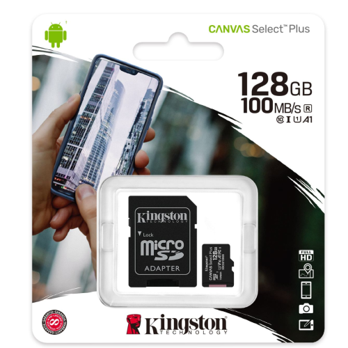 Kingston 128GB Canvas Select Plus MicroSD Memory Card 100R A1 C10 Card With Adapter