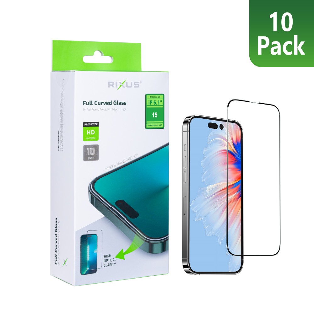 Rixus Clear HD Full Curved Edge Tempered Glass For iPhone 15 (10-Pack)