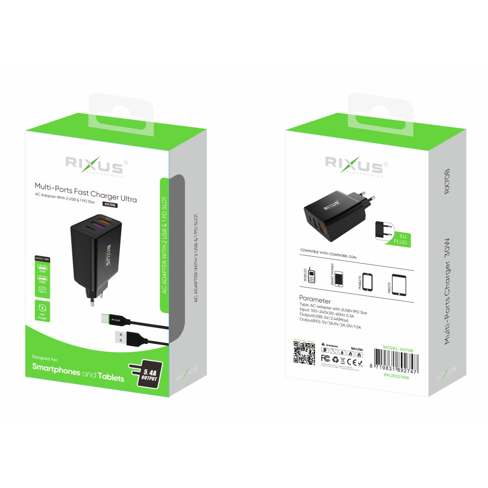 Rixus 5.4A AC Adapter With 2 USB Slot & PD Slot RX70B