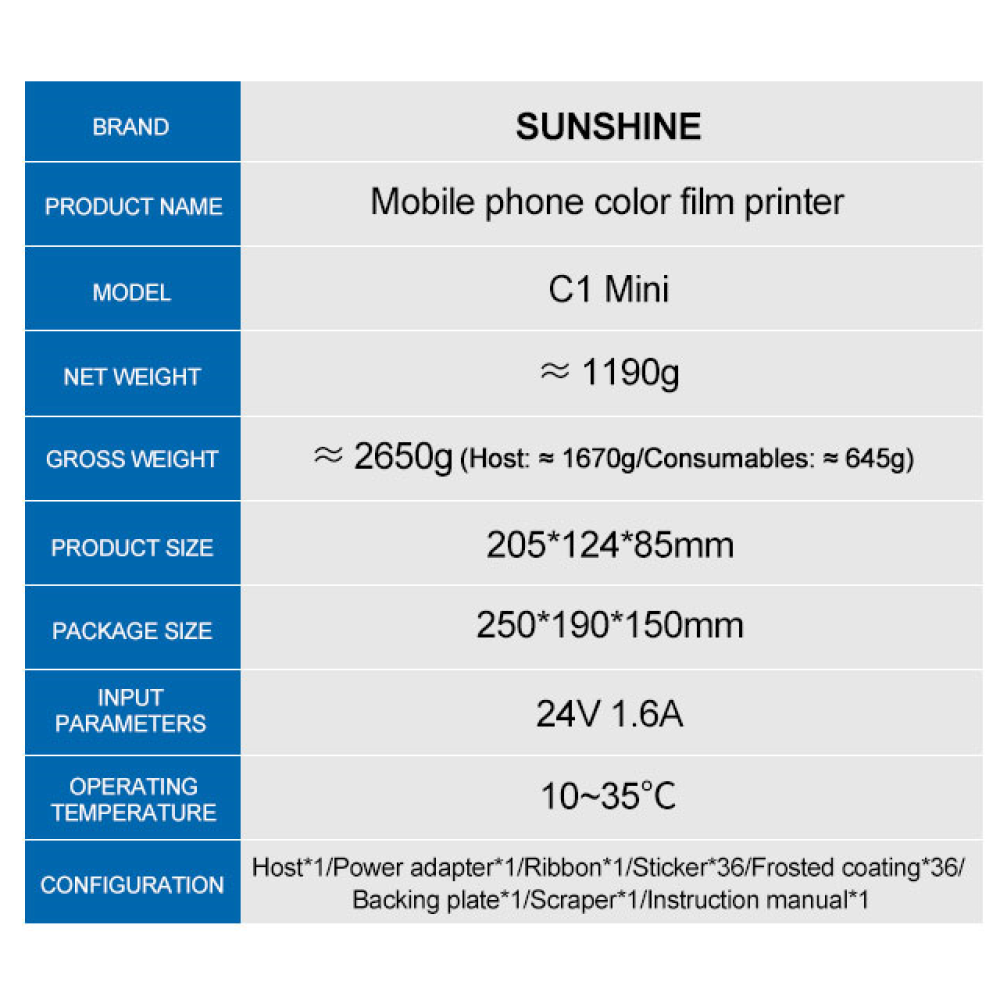 Sunshine C1 Mini Mobile Color Film Printer