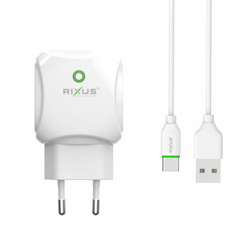 Rixus Dual Charger 2.1A With USB Type C Cable RX55C - White